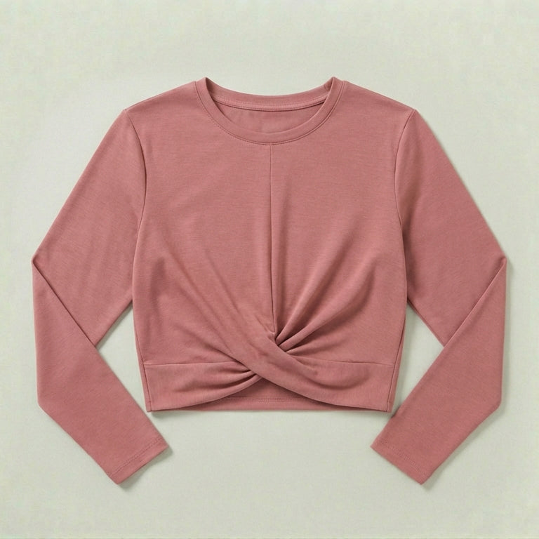 Image 1 of Dusty Rose Twist-Front Long Sleeve Crop Top